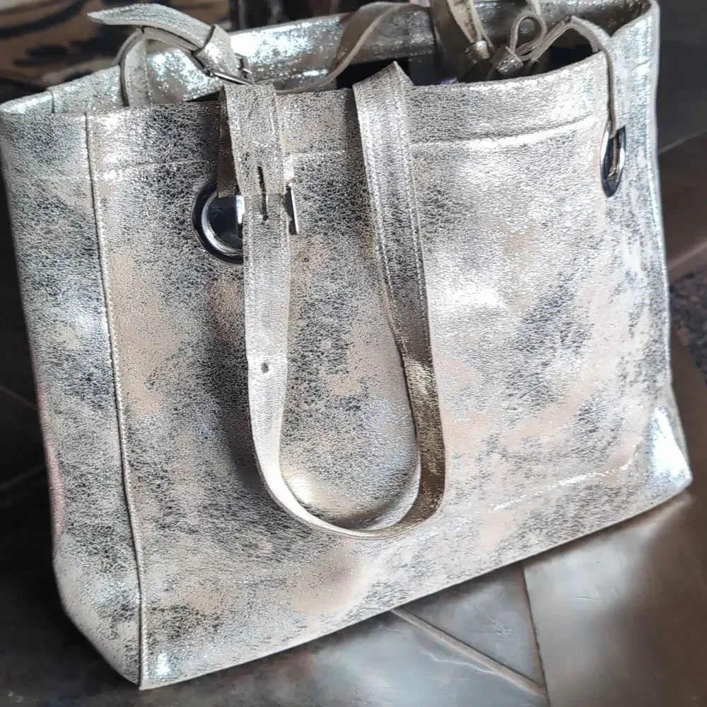 CoFi ERIN Metallic Suede XL Leather Tote Double Adj Handles In Platinum NWOT